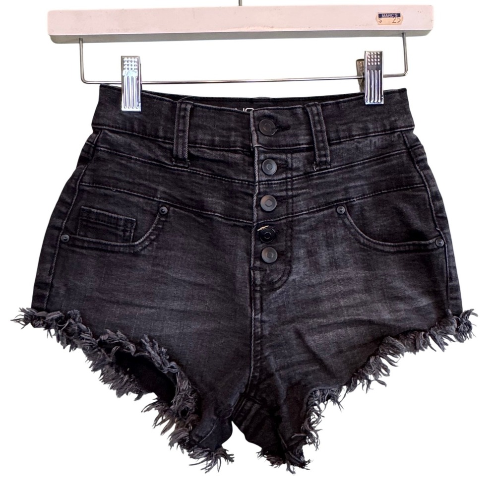 No Boundaries Womens‎ High Rise Button Fly Frayed Denim Shorts Black Size 3